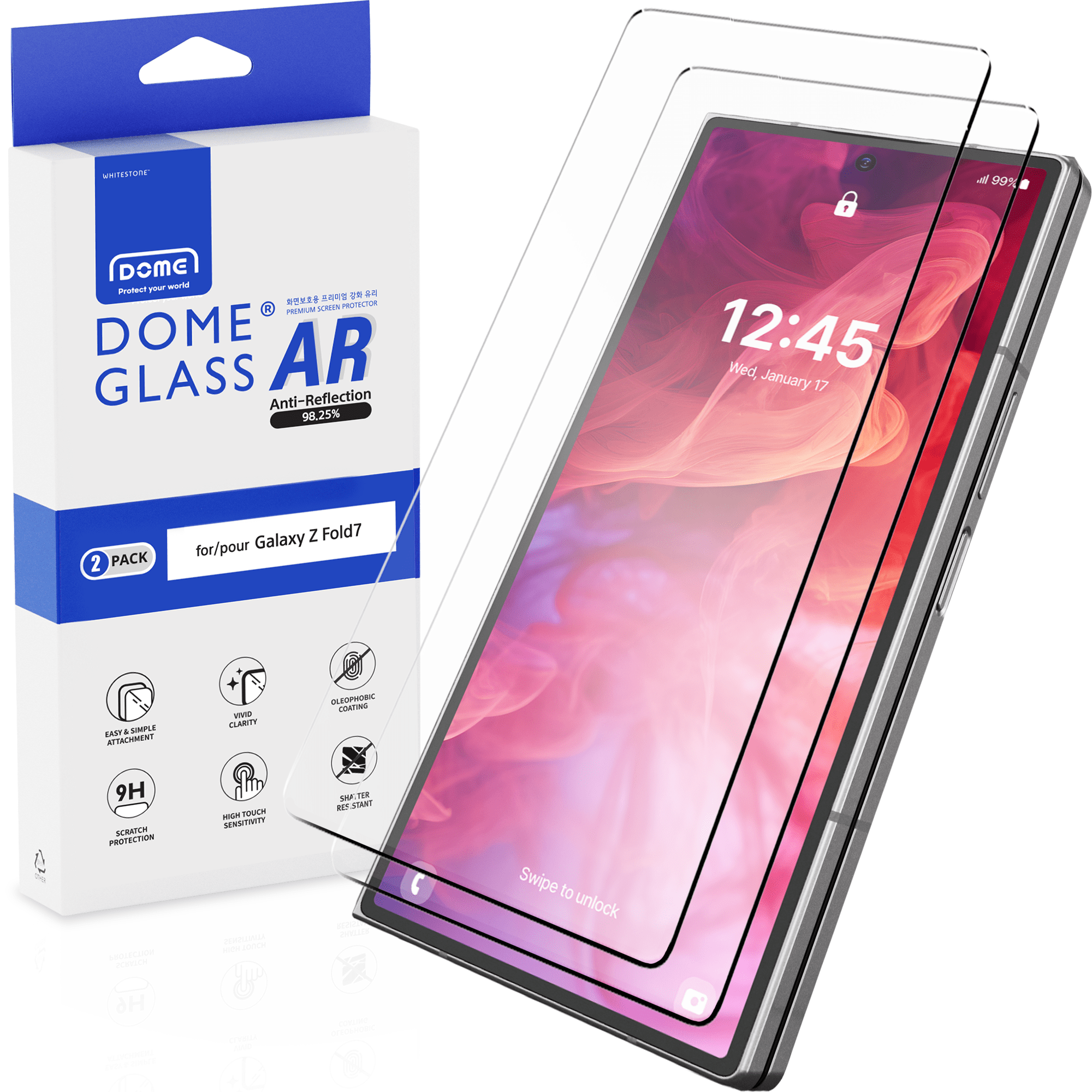 DOME GLASS Whitestone 2PACK EZ GLASS AR for Samsung Galaxy Z Fold [Super  Anti-Reflection], Full Coverage [Easy Install] Tempered Glass Screen