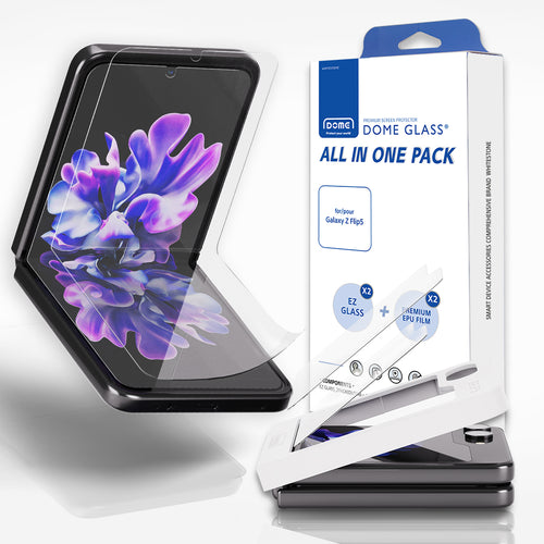 [All in One] Samsung Galaxy Z Flip 5 (2023) Front EZ Tempered Glass Screen Protector, Inside Flexible EPU Film [Easy Install] 2+2 Pack