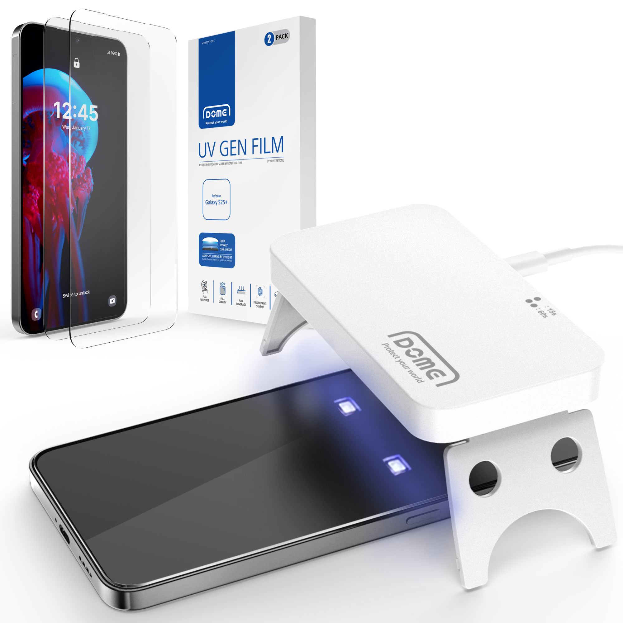 DOME GLASS Whitestone DOME UV GEN Film [Glass-Like Film] Screen Protector  for Galaxy S25+ with UV Lamp [2Pack]