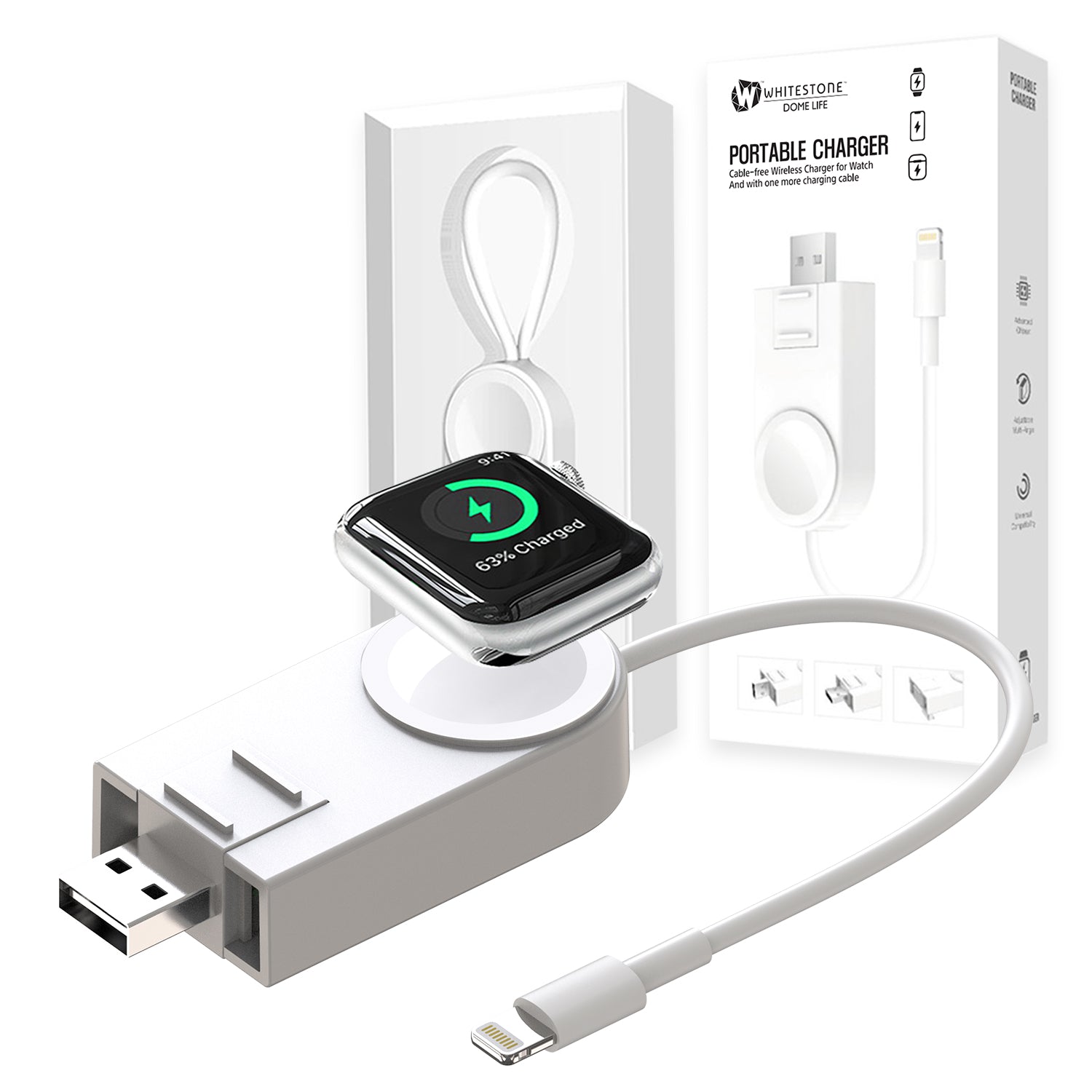 Apple Watch Portable 2 in 1 Wireless USB Charger with iPhone Cable –  Whitestonedome